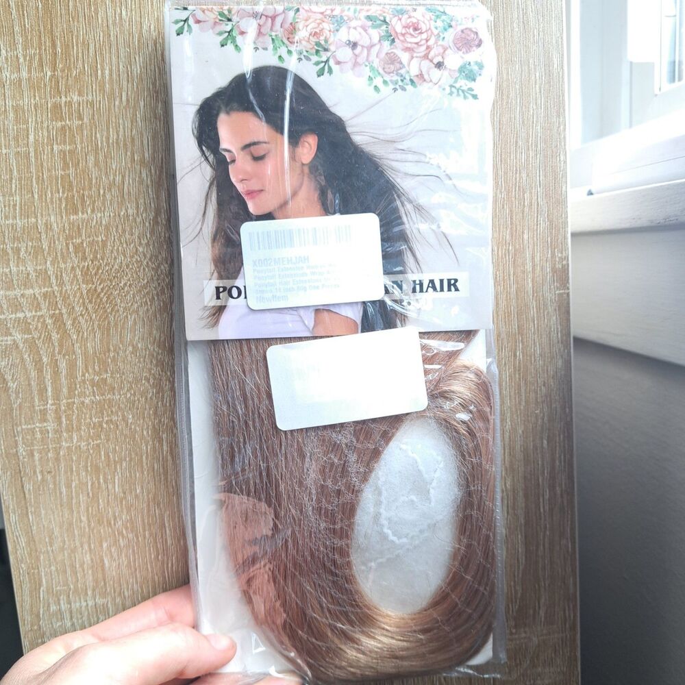 Ponytail Human Hair Extension Wrap Around Clip in Honey Brown 14" 60g